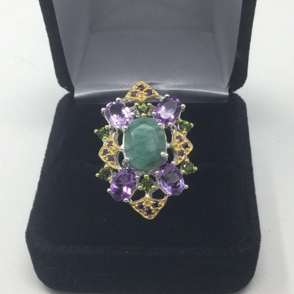 Genuine Natural Emerald & Amethyst Ring - Picture 5 of 7